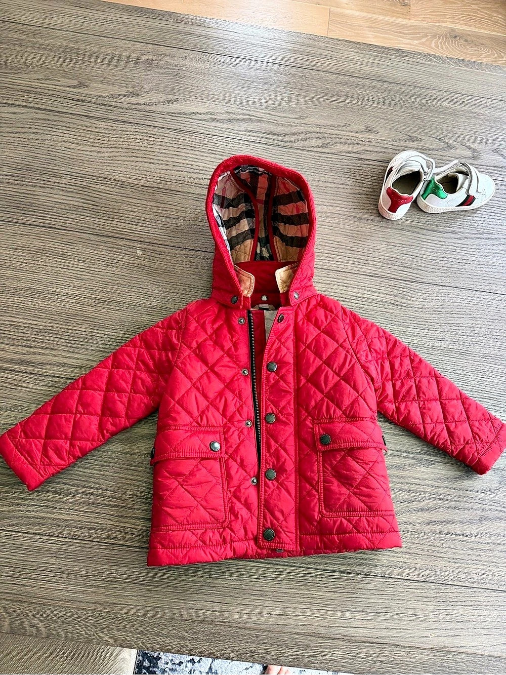 Burberry Kids Red Diamond Quilted Hooded Jacket
